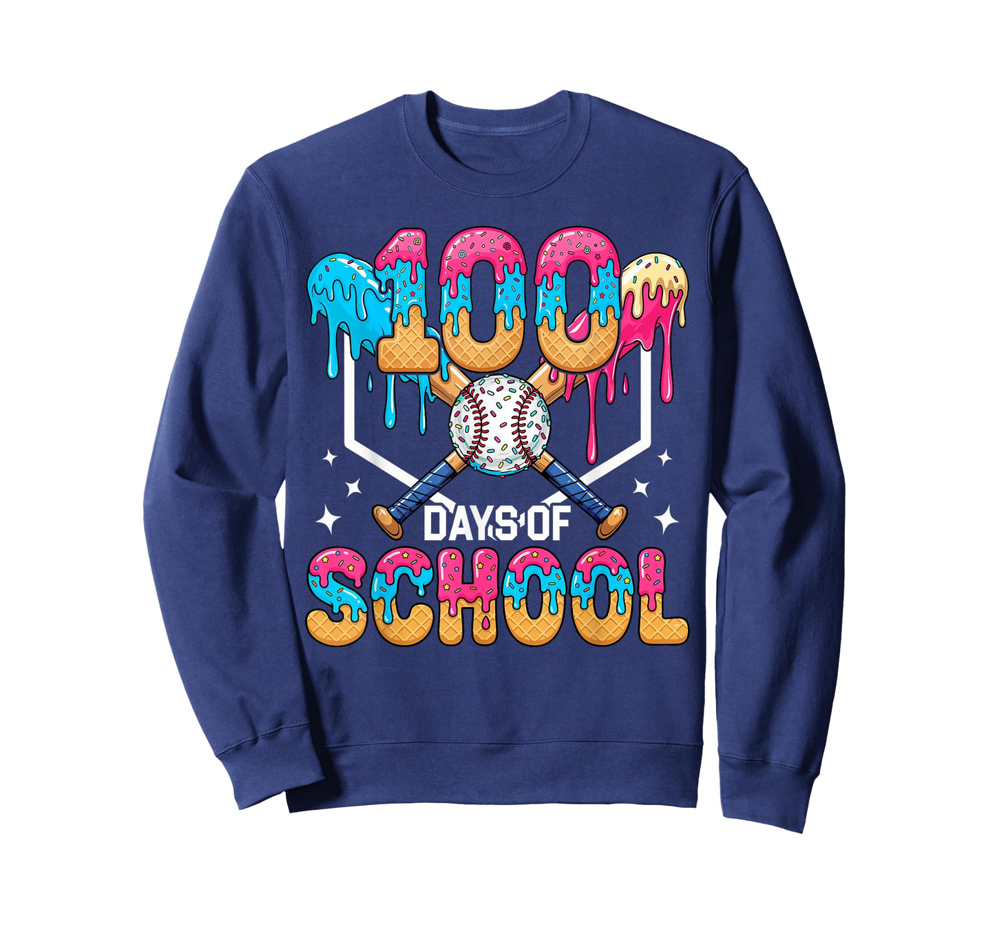 100 Days of School Baseball Boys Ice Cream Drip 100th Day T-Shirt
