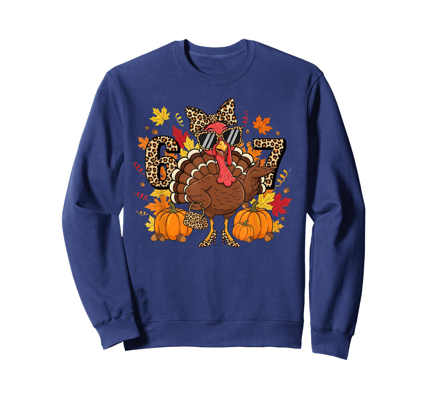 6 7 Thanksgiving Funny Leopard Bow Turkey Six Seven Teacher T-Shirt