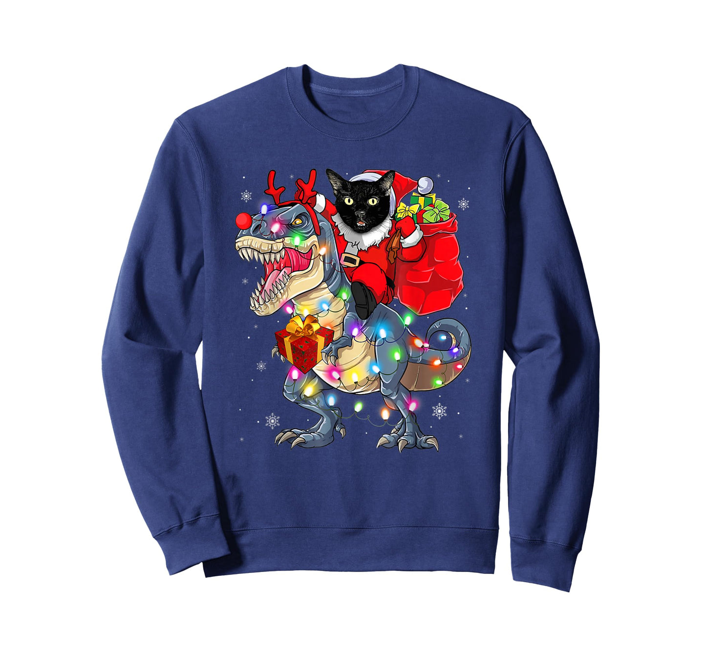 Funny Santa Cat Riding Dinosaur Xmas Lights T-Shirt