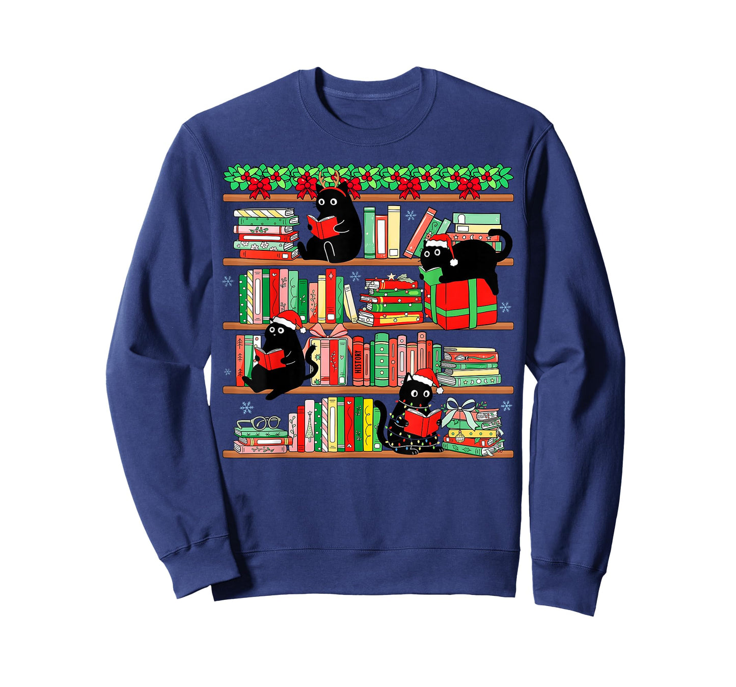 Christmas Black Cat Santa Bookshelves Book Lover Reader T-Shirt