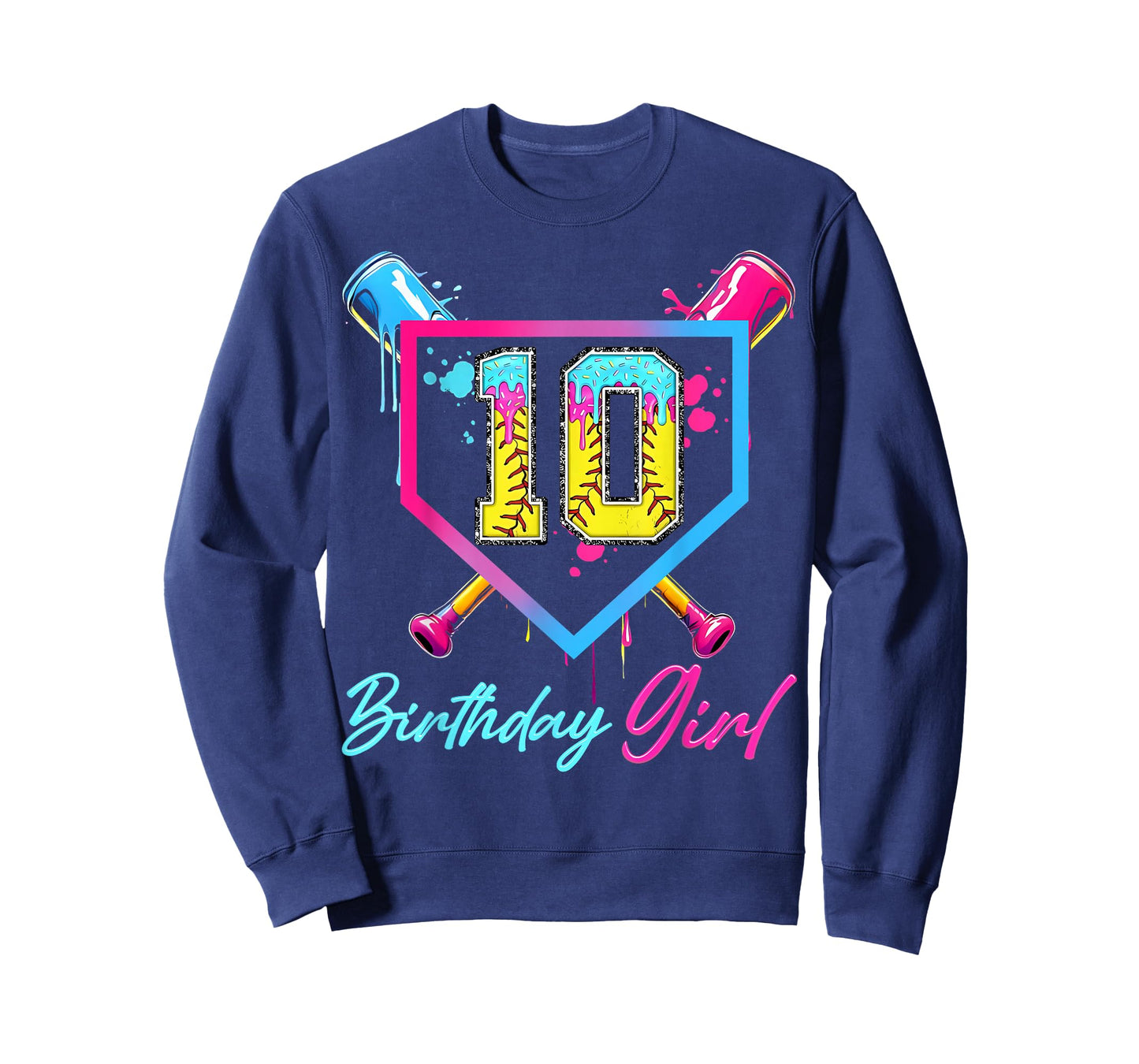 10th Birthday Softball Ice Cream Drip 10 Year Old Bday Girl T-Shirt