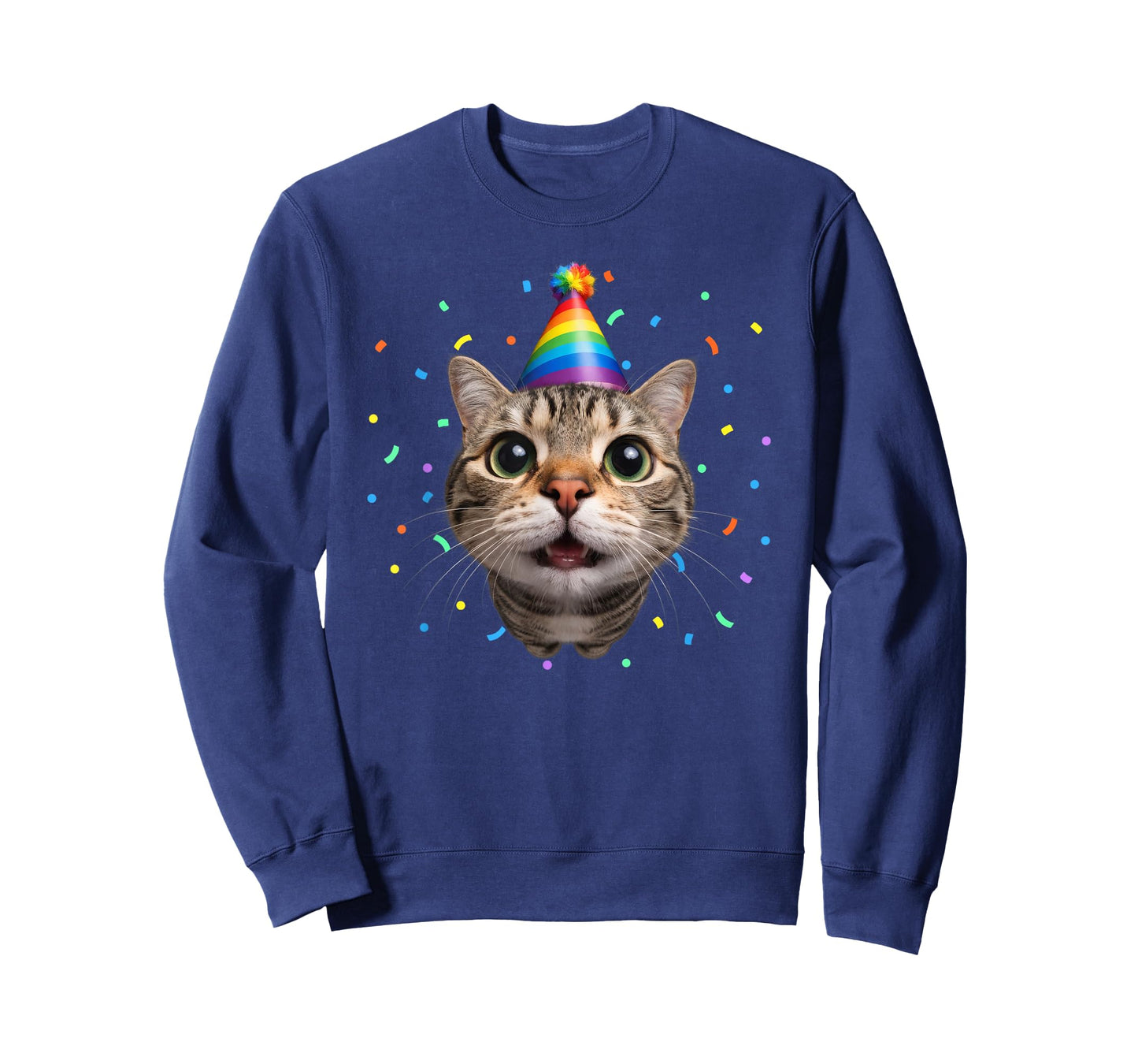 Funny Tabby Cat Face Rainbow Party Hat Cute Birthday Kitty T-Shirt