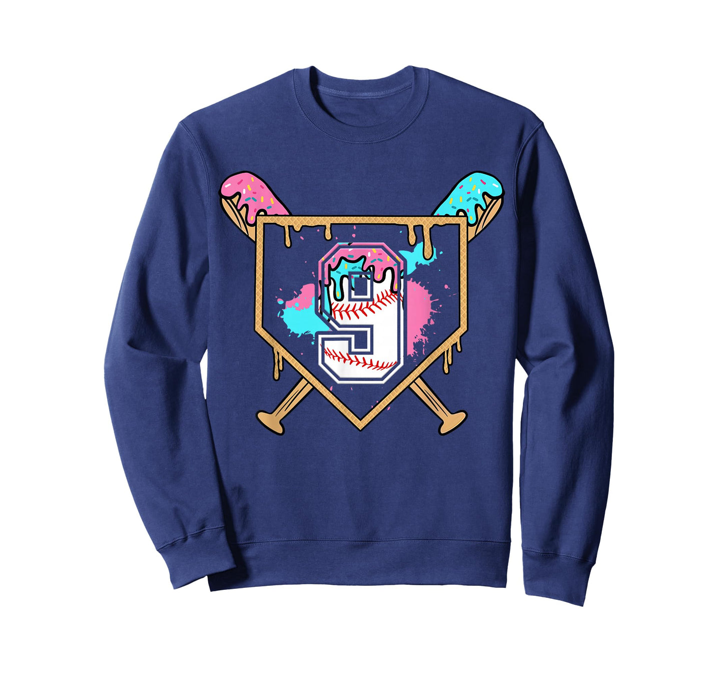9th Birthday Baseball Bat Ice-Cream Drip 9yrs Old Boys Girls T-Shirt