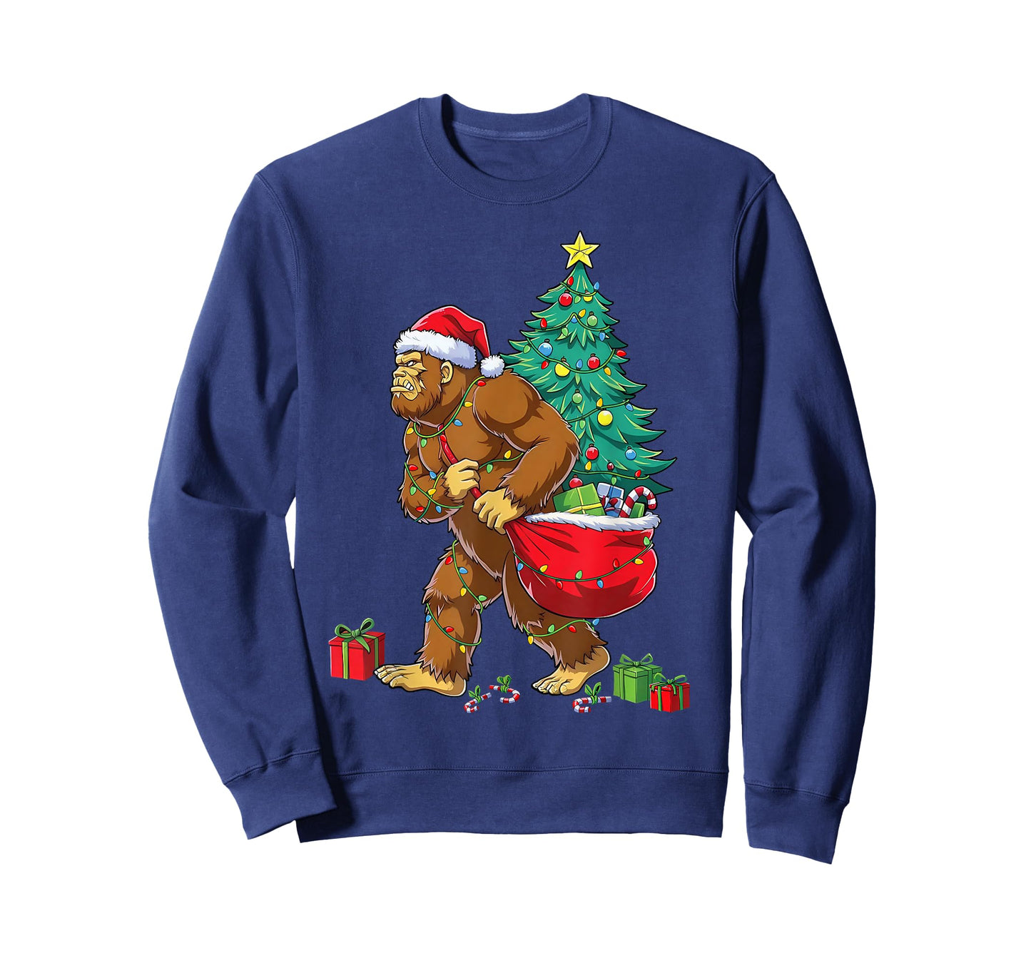 Santa Bigfoot Christmas Tree Xmas Lights Funny Sasquatch T-Shirt