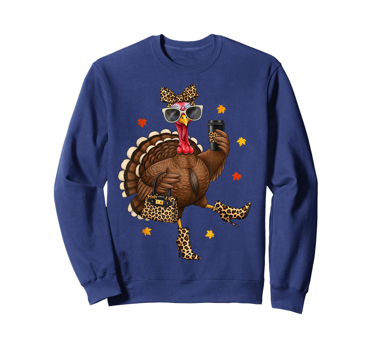 Leopard Turkey Drinking Coffee Thanksgiving Women Turkey Day T-Shirt