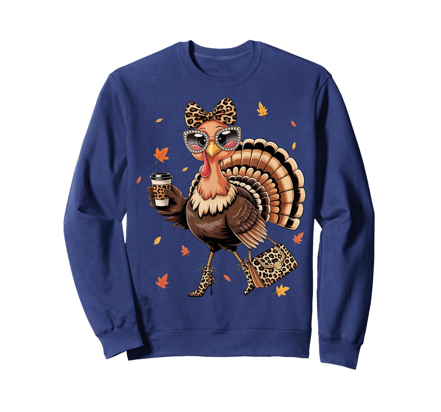 Leopard Turkey Drinking Coffee Thanksgiving Women Turkey Day T-Shirt