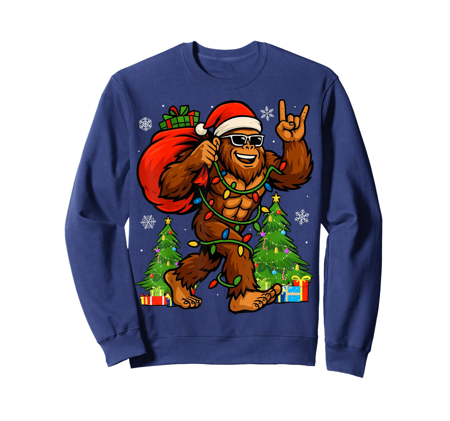 Santa Bigfoot Christmas Tree Xmas Lights Funny Sasquatch T-Shirt