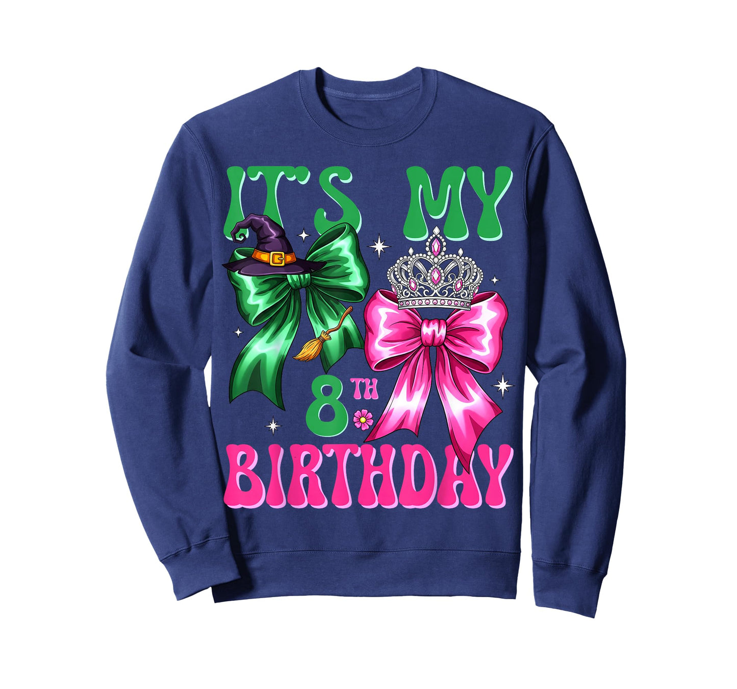 It's My 8th Birthday Witch Pink and Green Bow Crochet Girl T-Shirt
