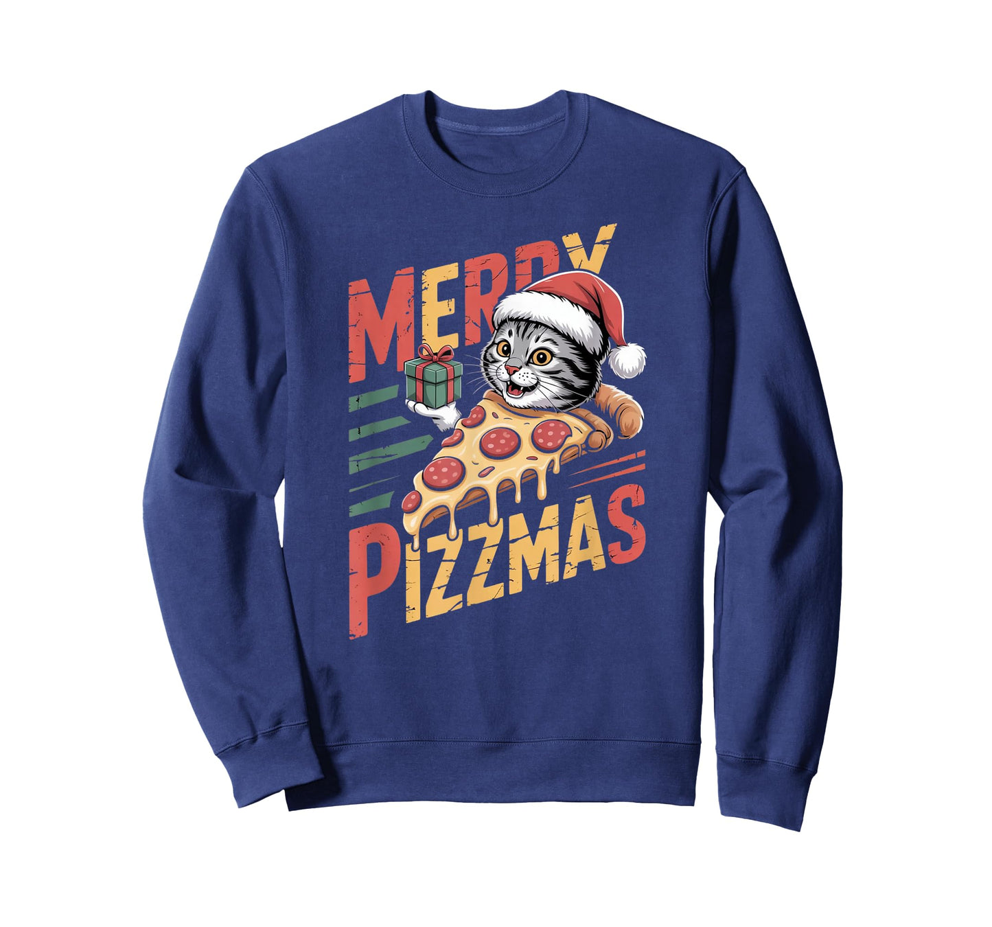 Merry Pizzmas Christmas Cat Funny Pizza Lover Xmas Cat Lover T-Shirt