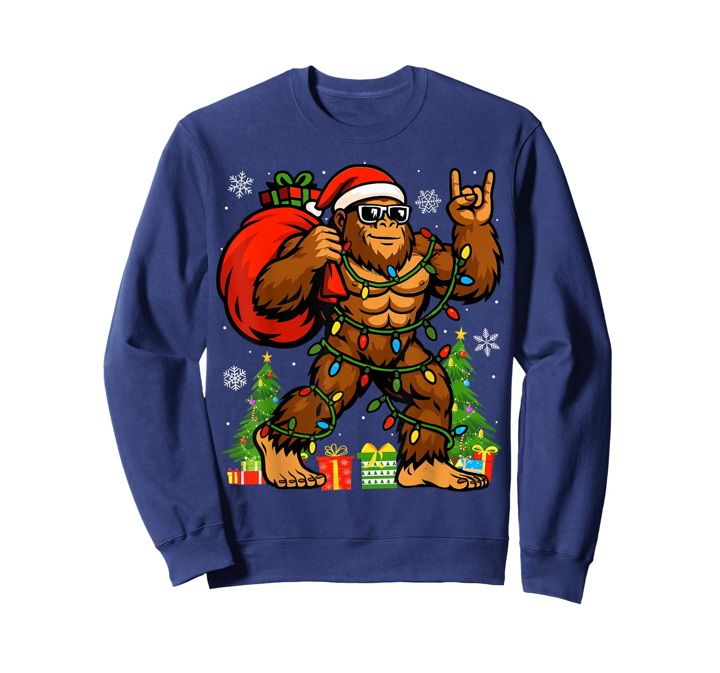 Santa Bigfoot Christmas Tree Xmas Lights Funny Sasquatch T-Shirt