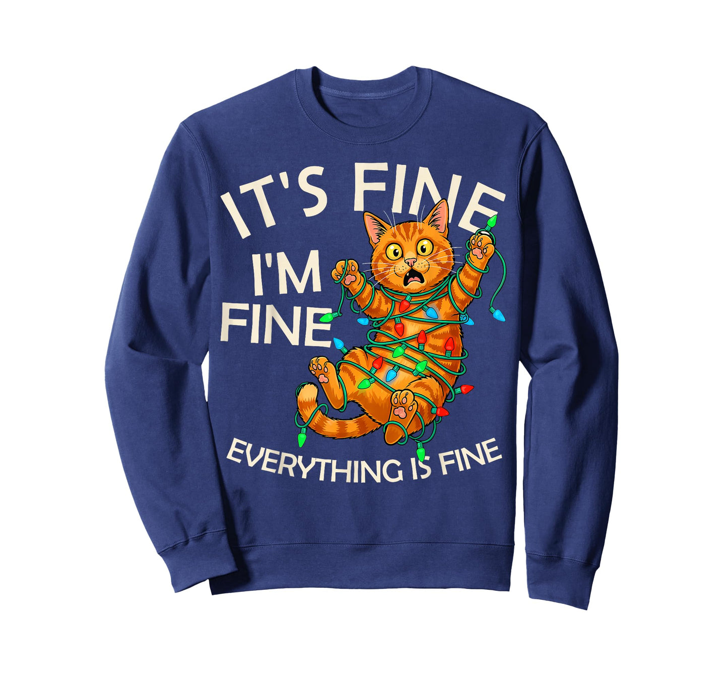 Funny Orange Cat Christmas Light It's Fine I'm Fine Xmas T-Shirt