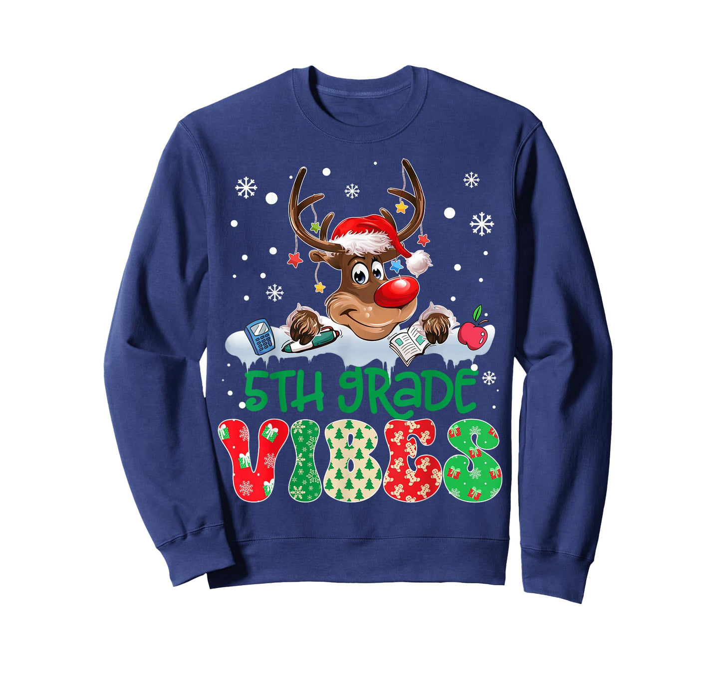Reindeer Santa Hat 5th Grade Vibes Teacher Christmas Kids T-Shirt