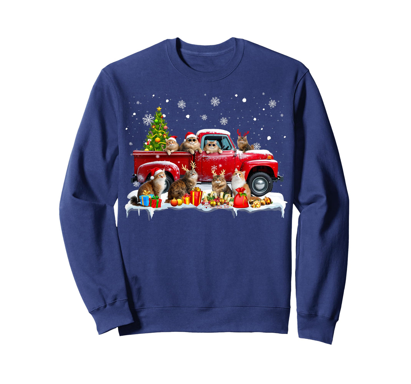 Maine Coon Cat Red Truck Christmas Tree Santa Ugly Xmas T-Shirt