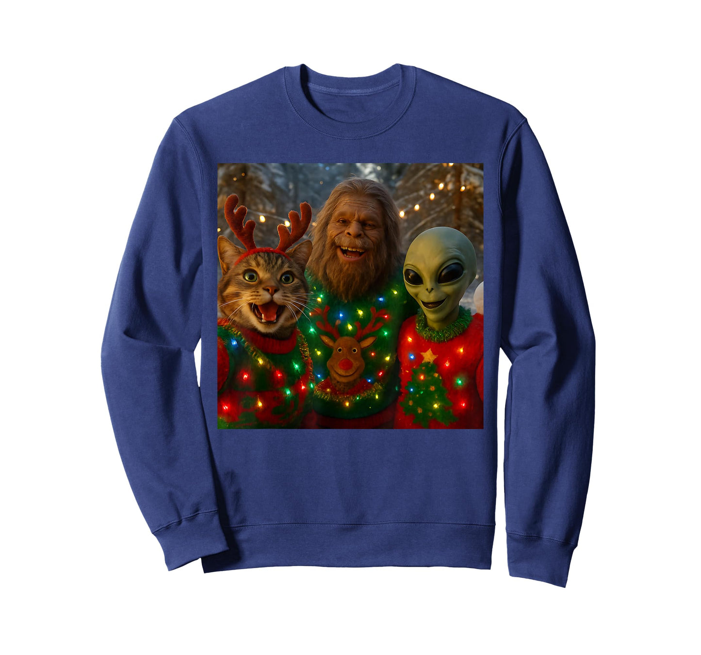 Funny Christmas Cat Selfie with Bigfoot Alien Ugly Sweater T-Shirt