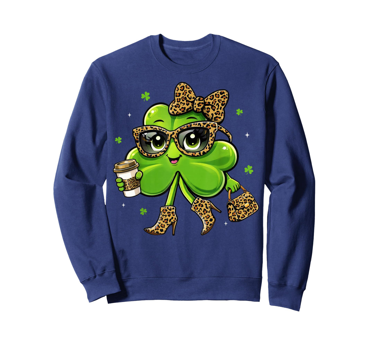 Leopard Shamrock Drinking Coffee St Patricks Day Women Girls T-Shirt