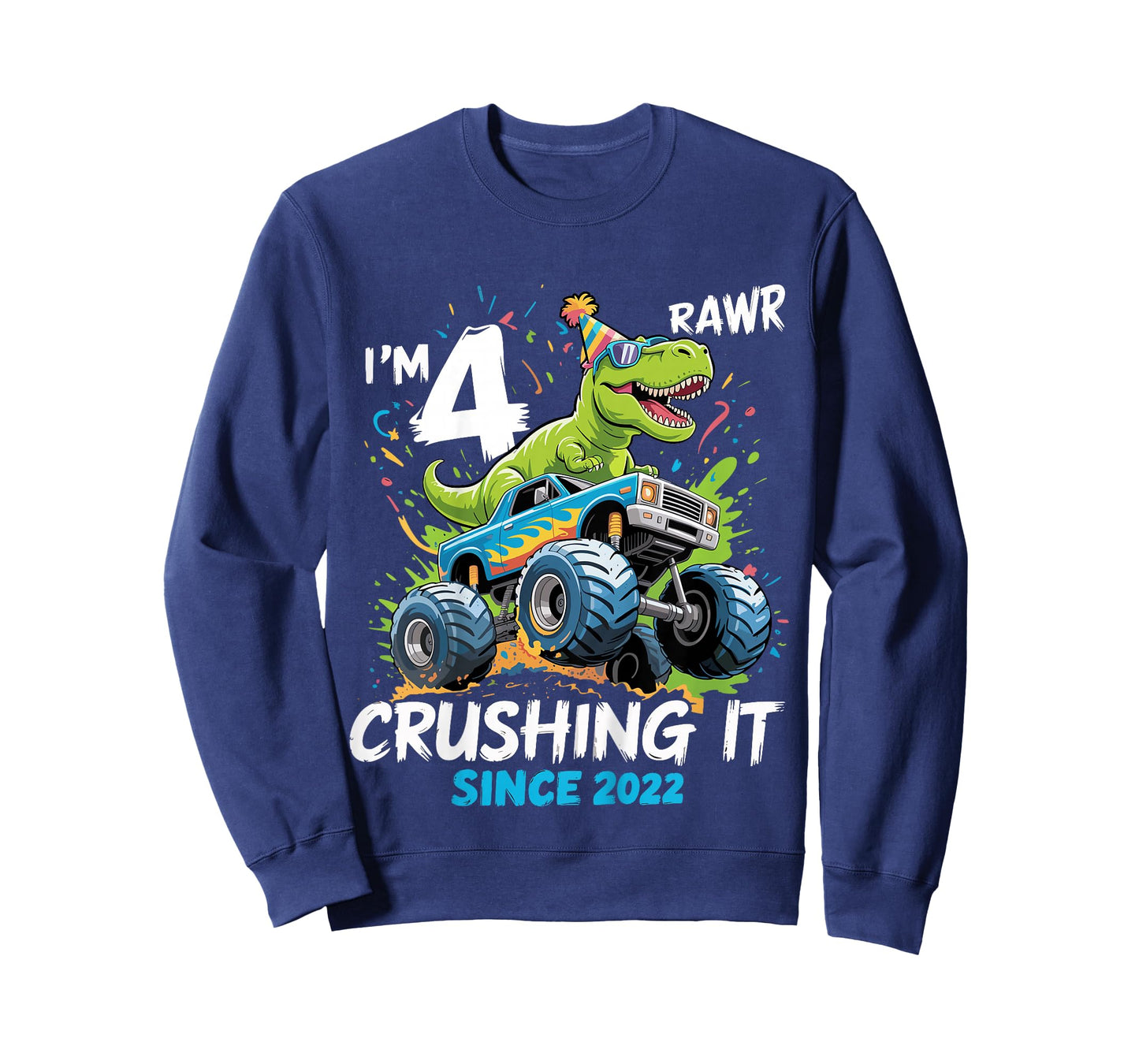 Kids 4th Birthday Monster Truck Dinosaur 4 Year Old boy Born 2022 T-Shirt
