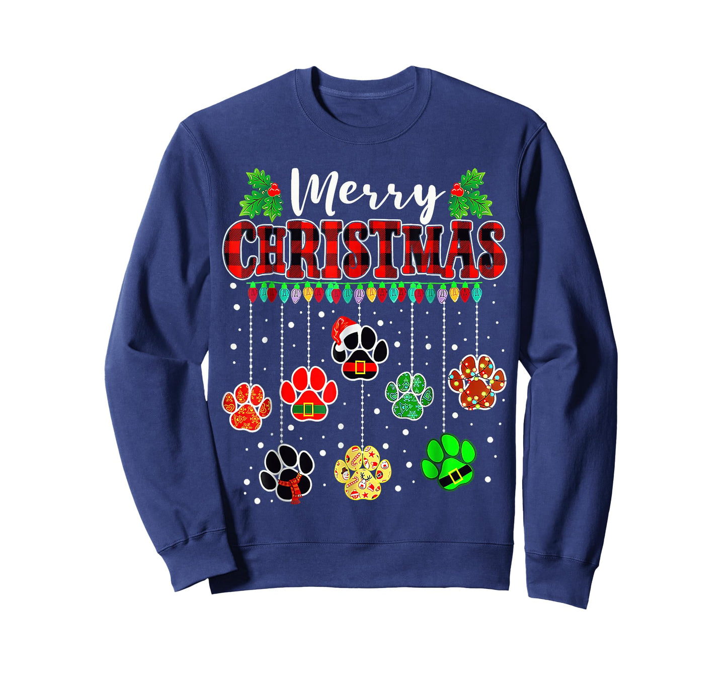 Merry Christmas Lights Dog Paw Red Plaid T-Shirt