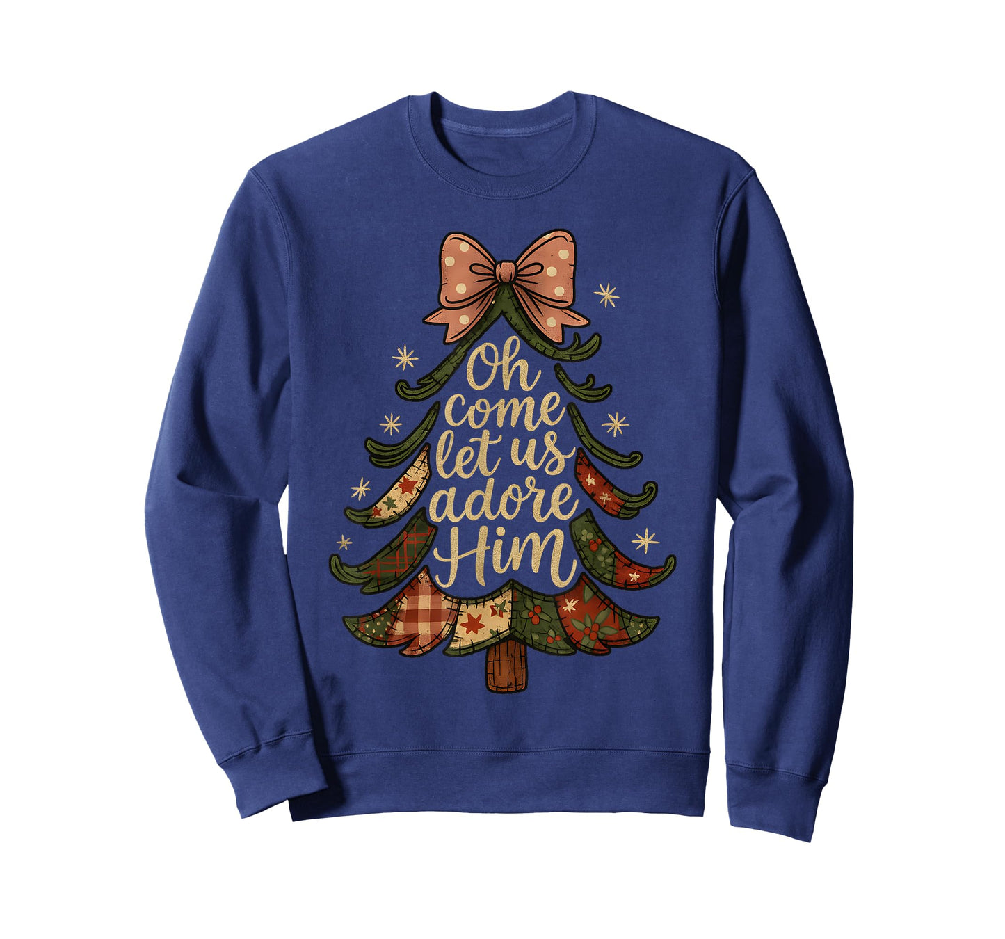 Oh Come Let Us Adore Him Patchwork Christmas Tree Art T-Shirt