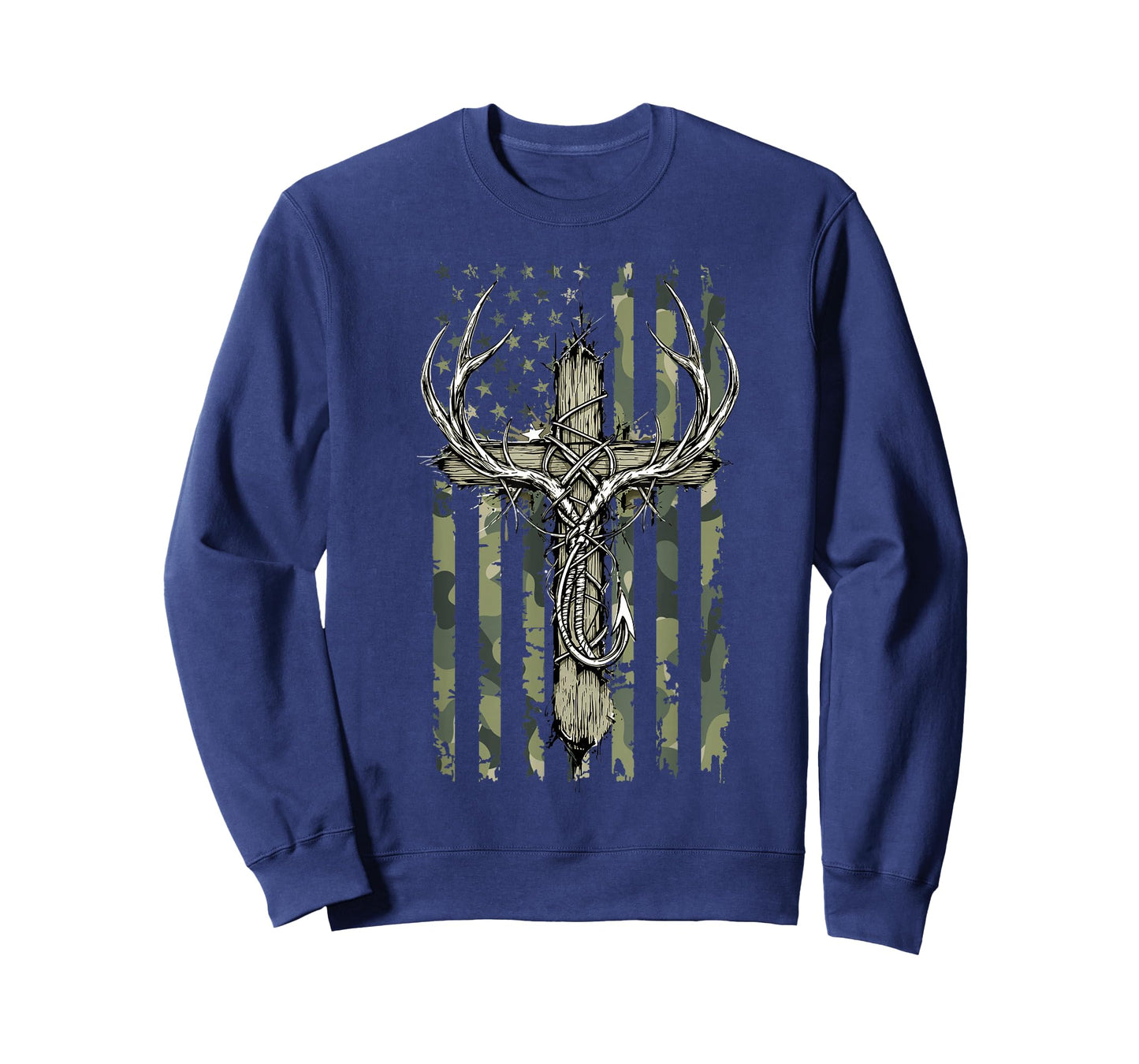 Deer Antlers Fishing Hook Christian Cross Camo Flag Men Boys T-Shirt