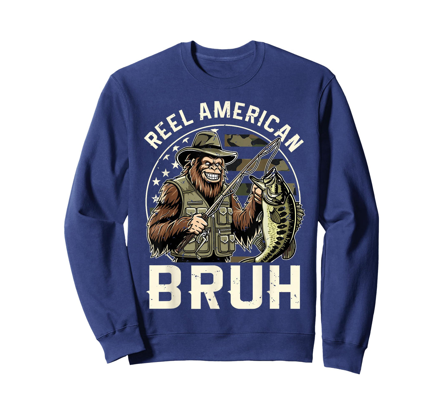 Reel American Bruh Bigfoot USA Flag Camo Fishing T-Shirt