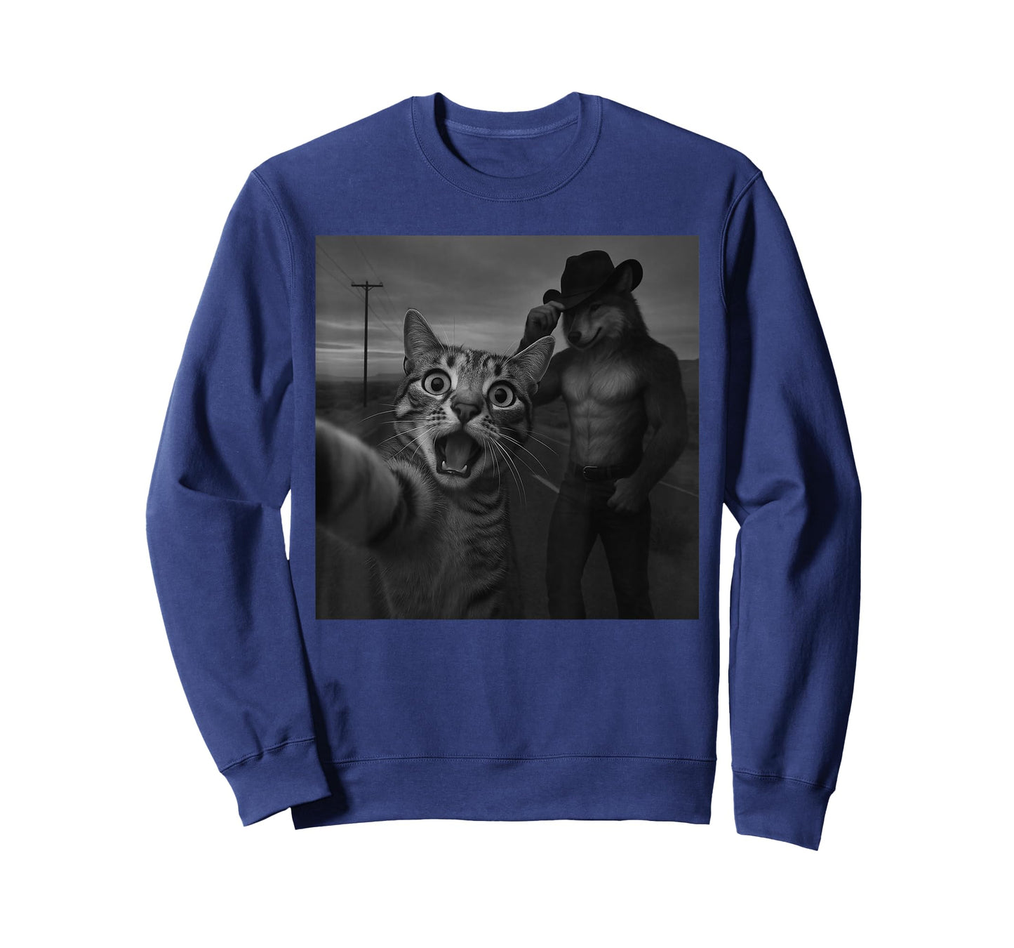 Cat Selfie with Alpha Wolf Meme Cringe Unhinged Funny Men T-Shirt