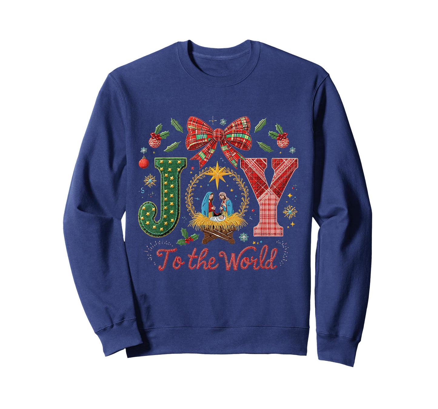 Joy to The World Patchwork Nativity Christmas T-Shirt