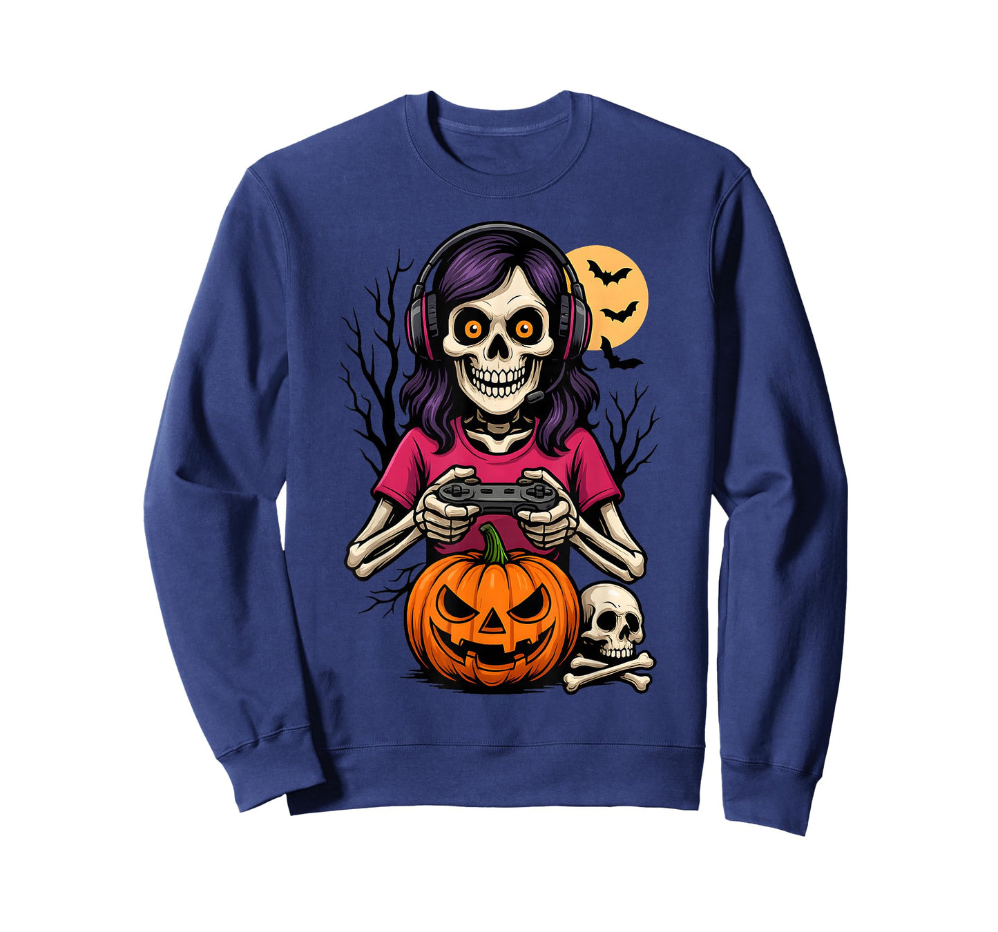Skeleton Gamer Girl Halloween Video Game Pumpkin Skull Kids T-Shirt