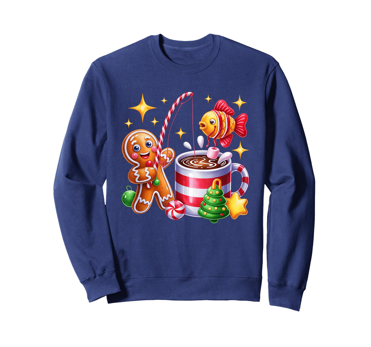 Gingerbread Fishing Candy Cane Cocoa Festive Fun T-Shirt