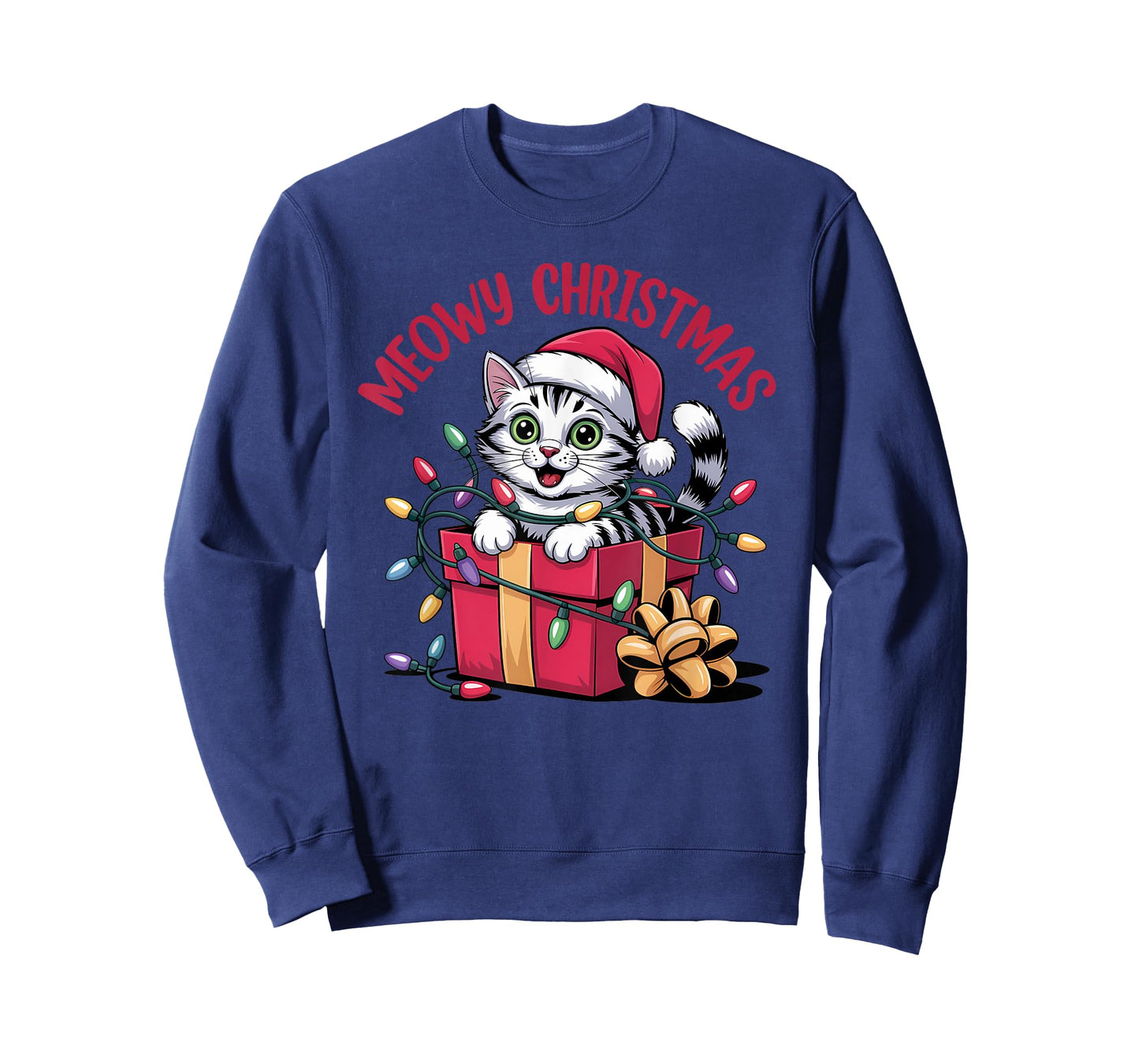 Meowy Christmas Funny Cat Tangled in Lights Xmas Family T-Shirt