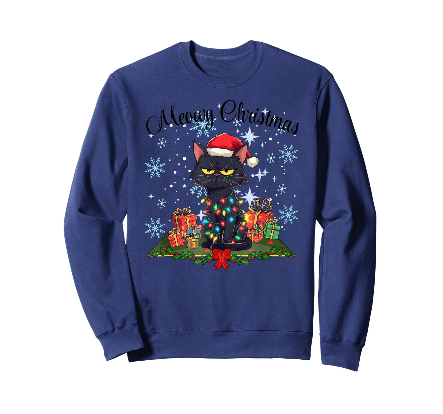 Meowy Christmas Black Cat Santa Hat Wrapped in Lights Fun T-Shirt