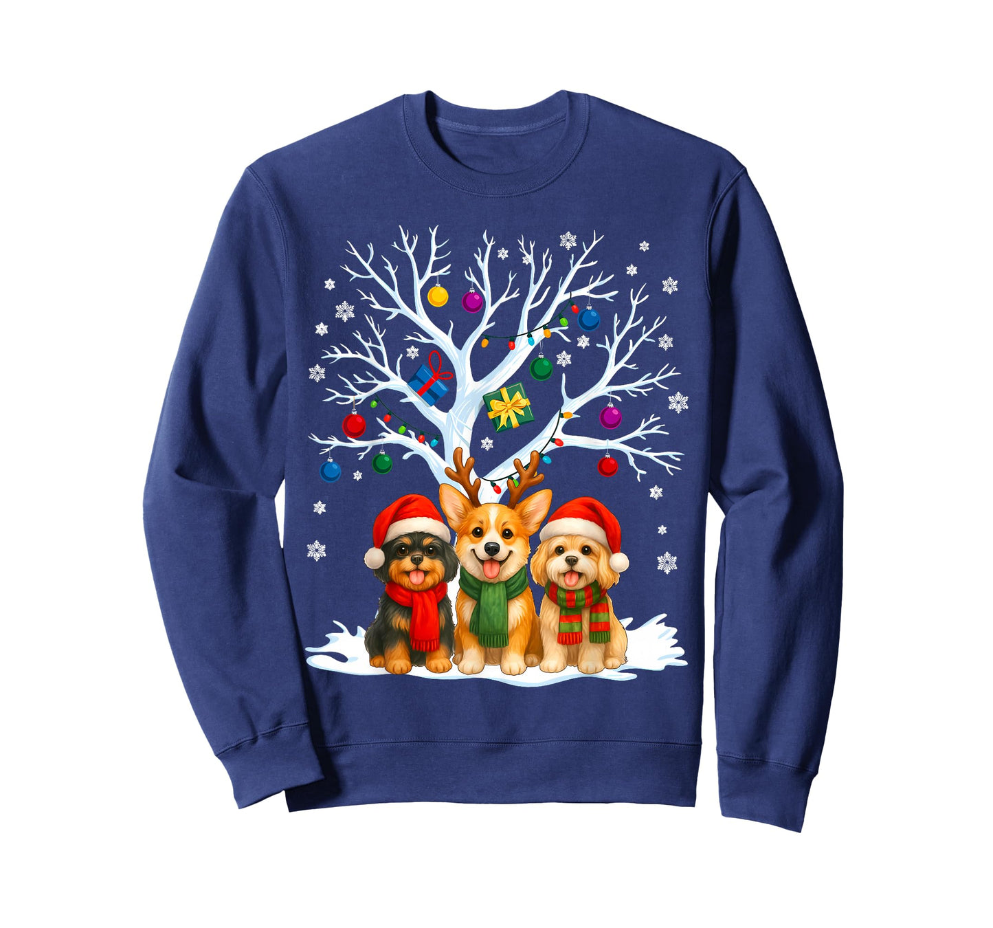 Cute Christmas Dogs with Snow Tree and Ornaments T-Shirt