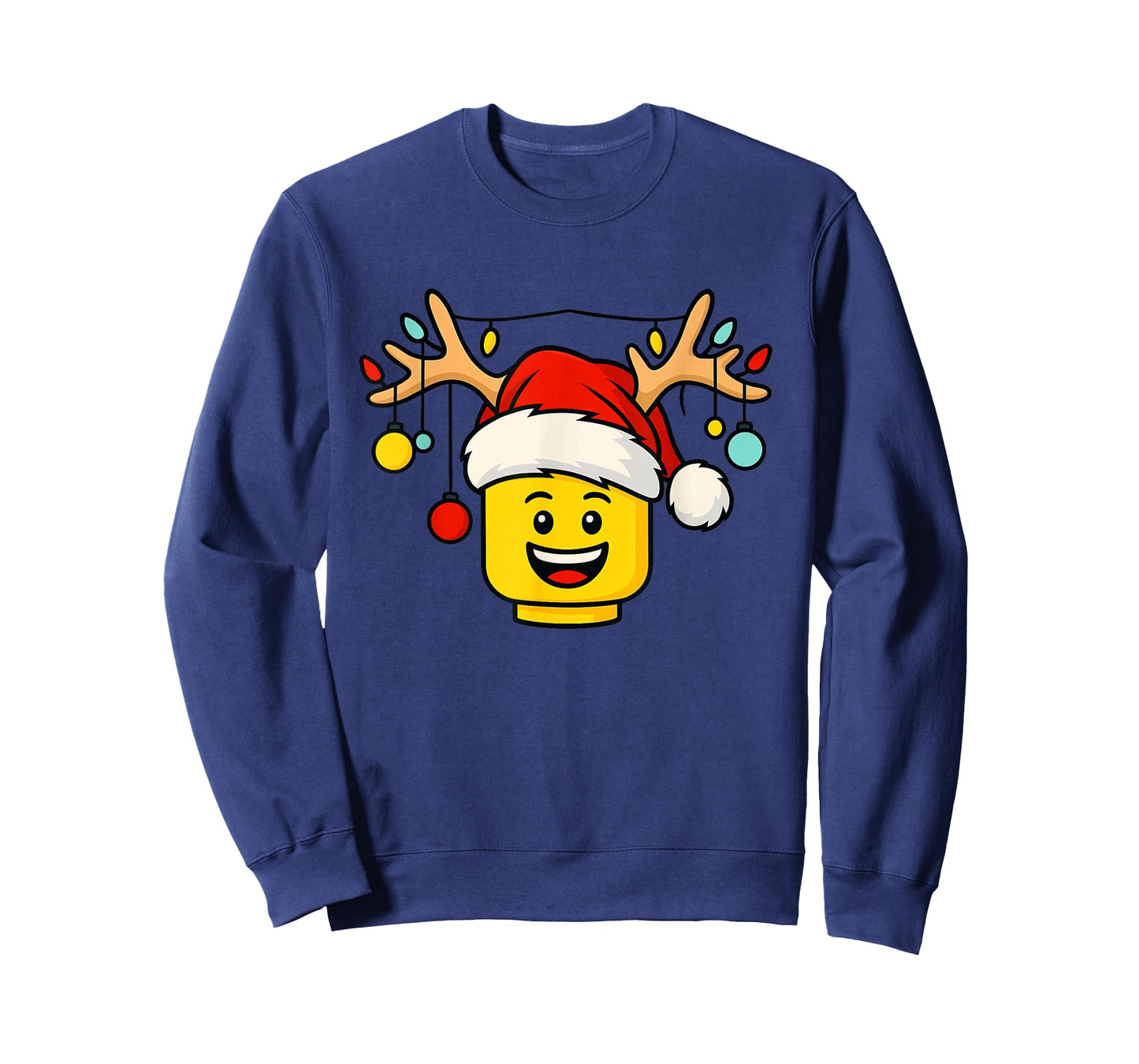 Christmas Building Bricks Head with Santa Hat Antlers Lights T-Shirt