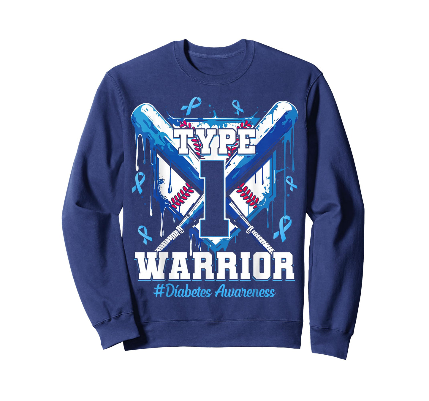 T1D Warrior Baseball Drip Diabetes Awareness Blue Ribbon T-Shirt
