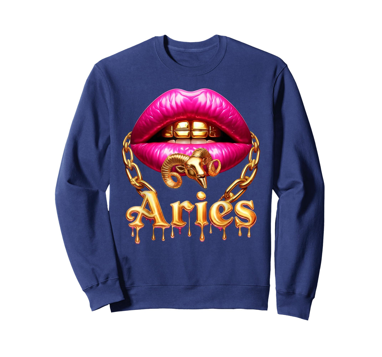 Aries Queen Girl Zodiac Birthday Women Pink Lips Gold Chain T-Shirt