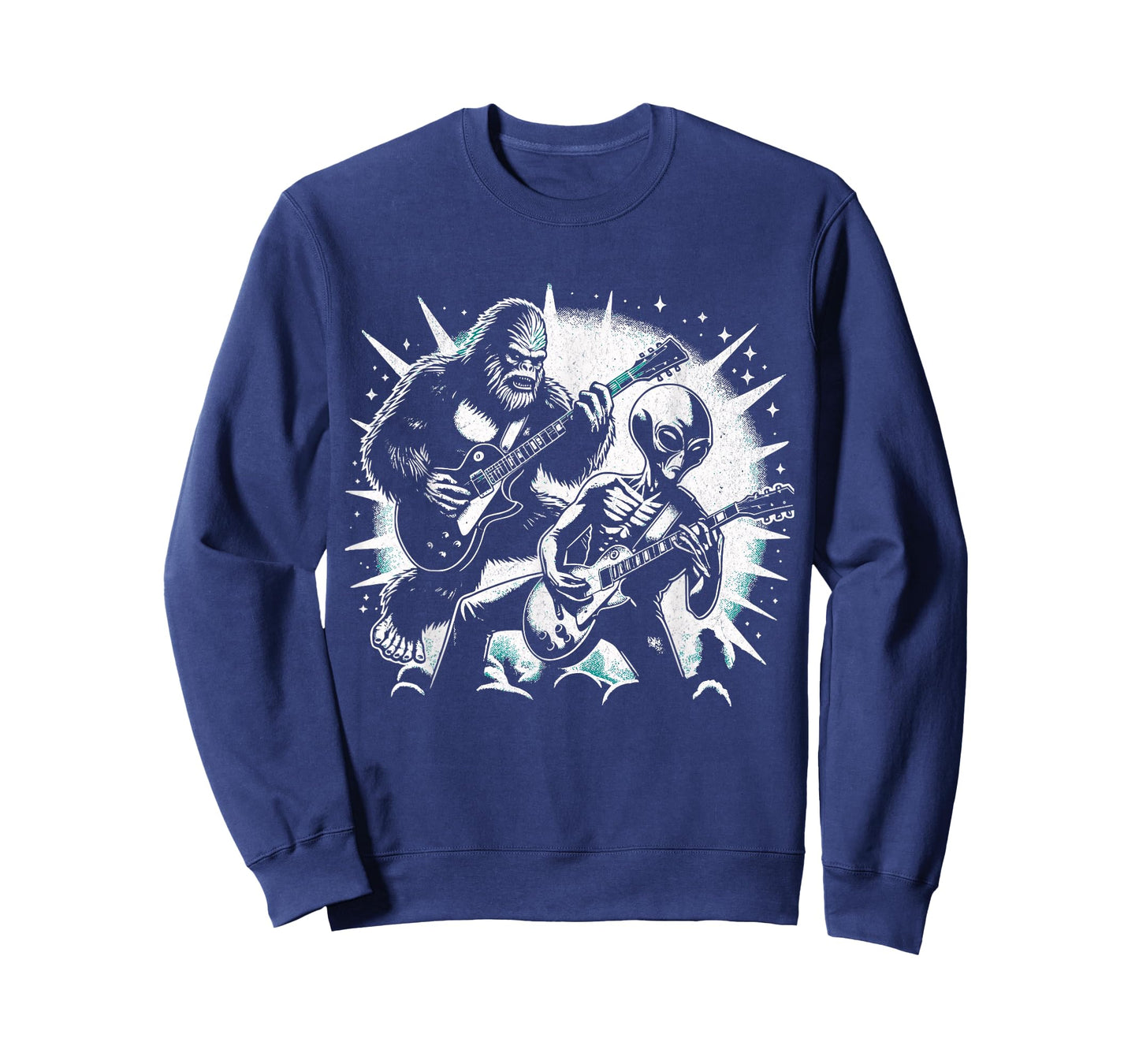 Funny Bigfoot and Alien Playing Guitar Rock Music Musicians T-Shirt
