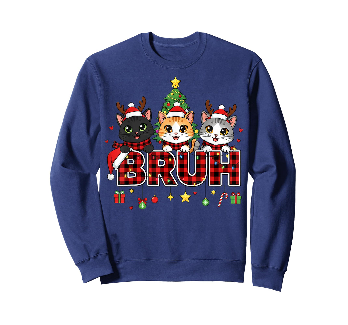 Cat Christmas Light Reindeer Santa Bruh Funny T-Shirt