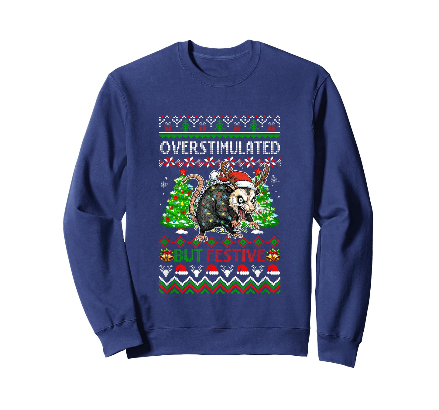 Overstimulated But Festive Christmas Sweater Santa Opossum T-Shirt