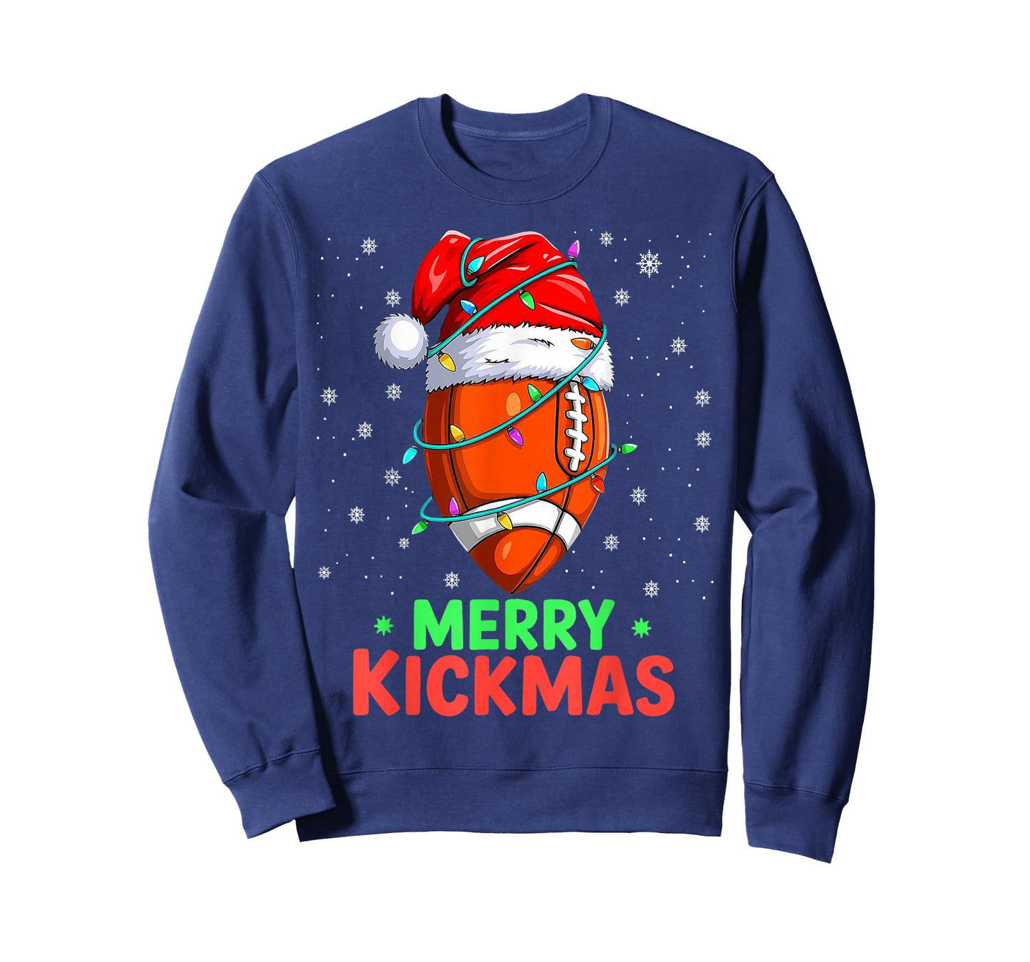 Funny Merry Kickmas Football Christmas Santa Hat and Lights T-Shirt