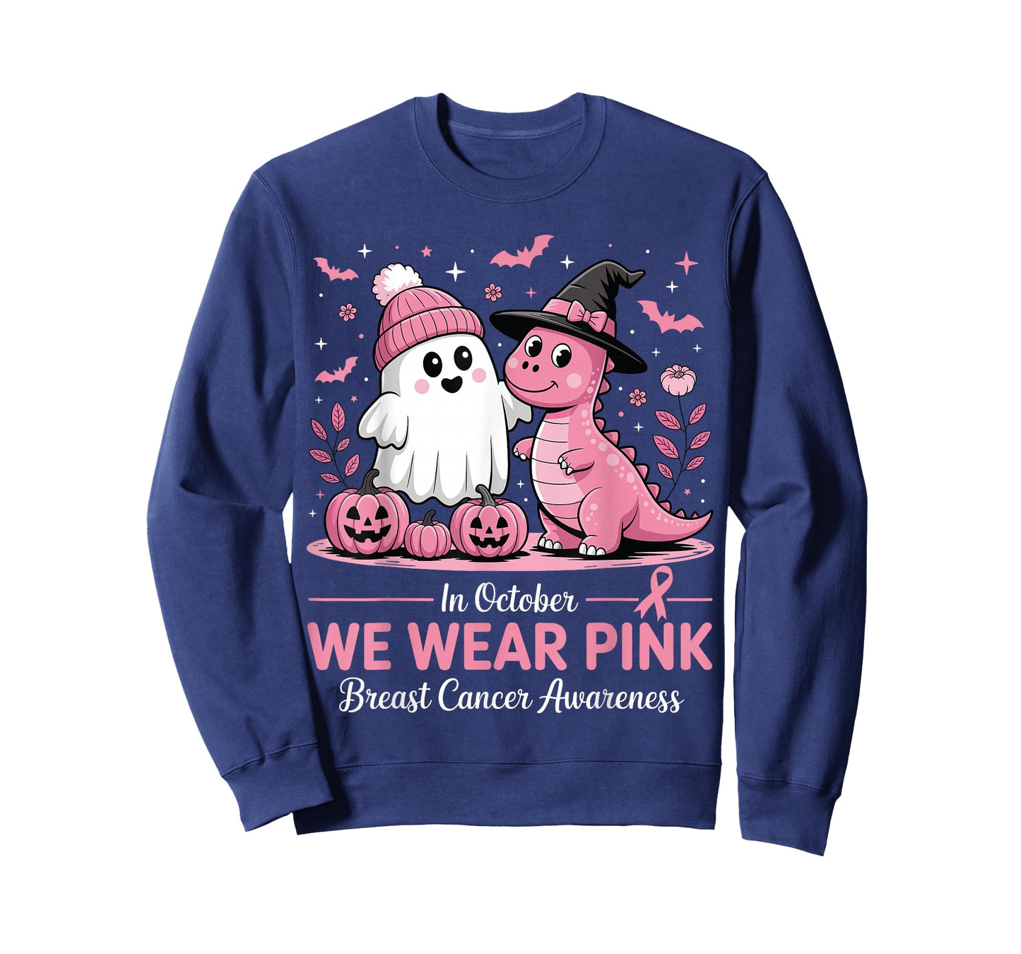 in October We Wear Pink Ghost Witch Dinosaur Breast Cancer T-Shirt