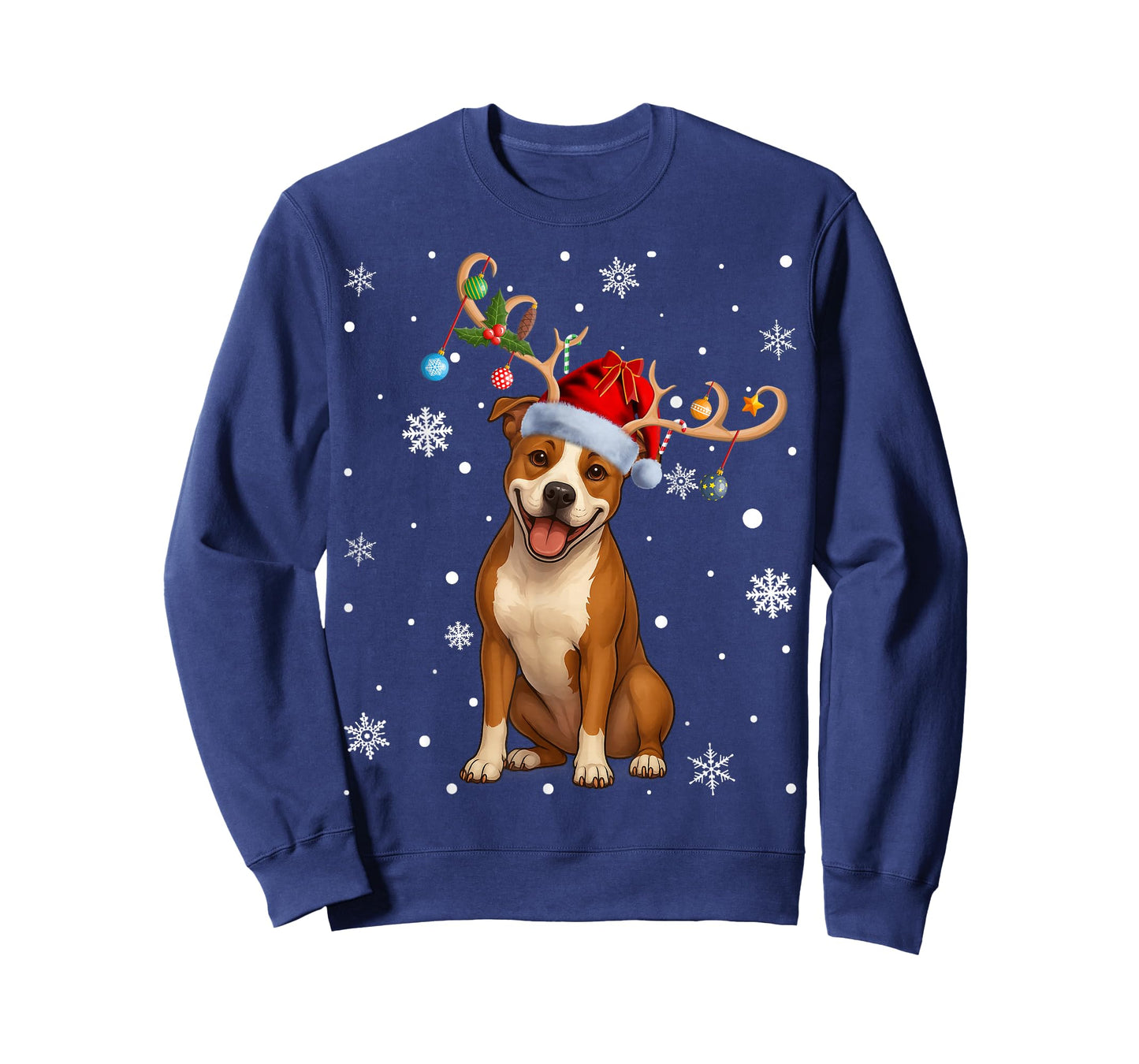 Christmas Balls Lights Reindeer Santa Pitbull Terrier Xmas T-Shirt