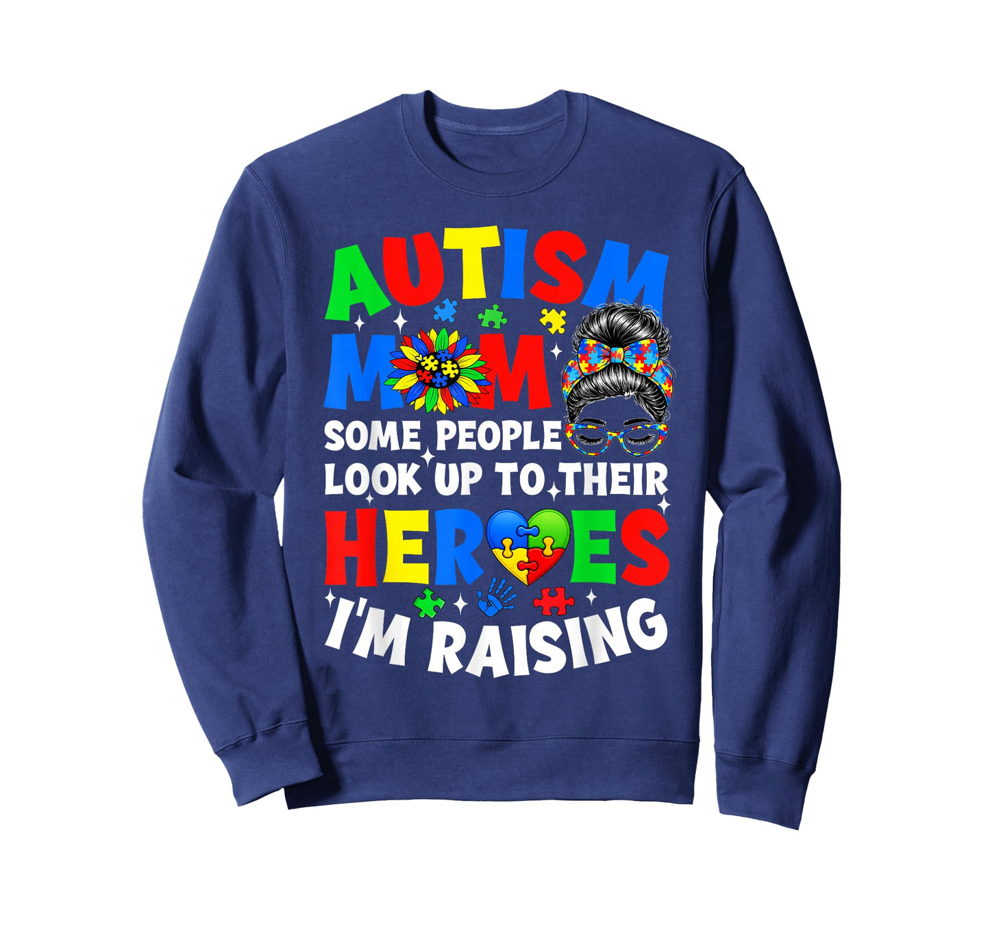 Autism Mom Raising Hero Groovy Messy Bun Autism Awareness T-Shirt