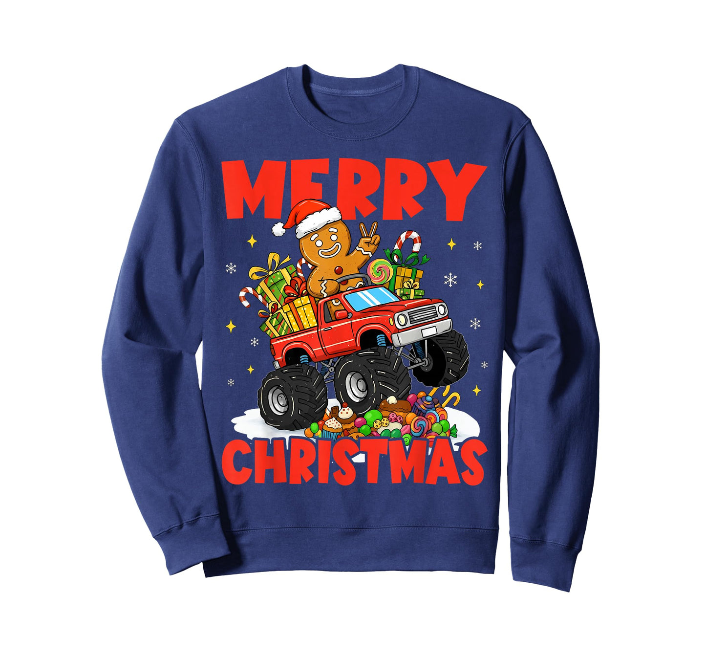 Merry Christmas Monster Truck Funny Gingerbread Men Kid Boys T-Shirt