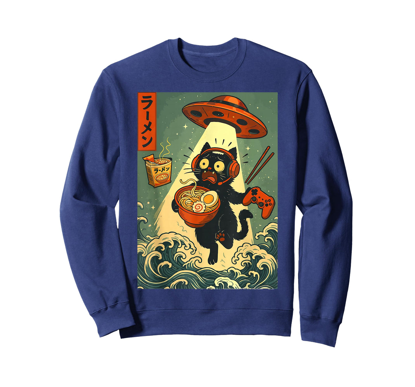Cute Kawaii Gamer Cat Ramen Retro Japanese Design UFO Beam T-Shirt