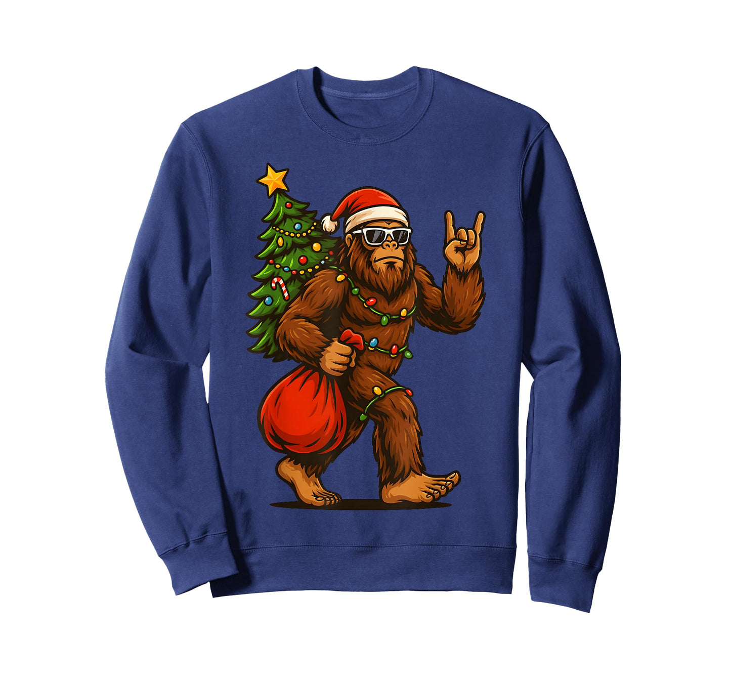 Santa Bigfoot Rock and Roll Christmas Tree Xmas Lights Mens T-Shirt