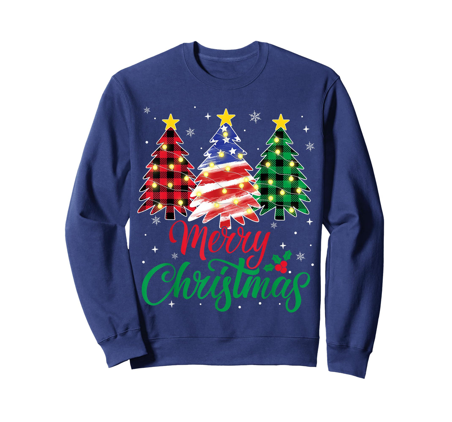Merry Christmas Trees Red Plaid American Flag USA Xmas T-Shirt