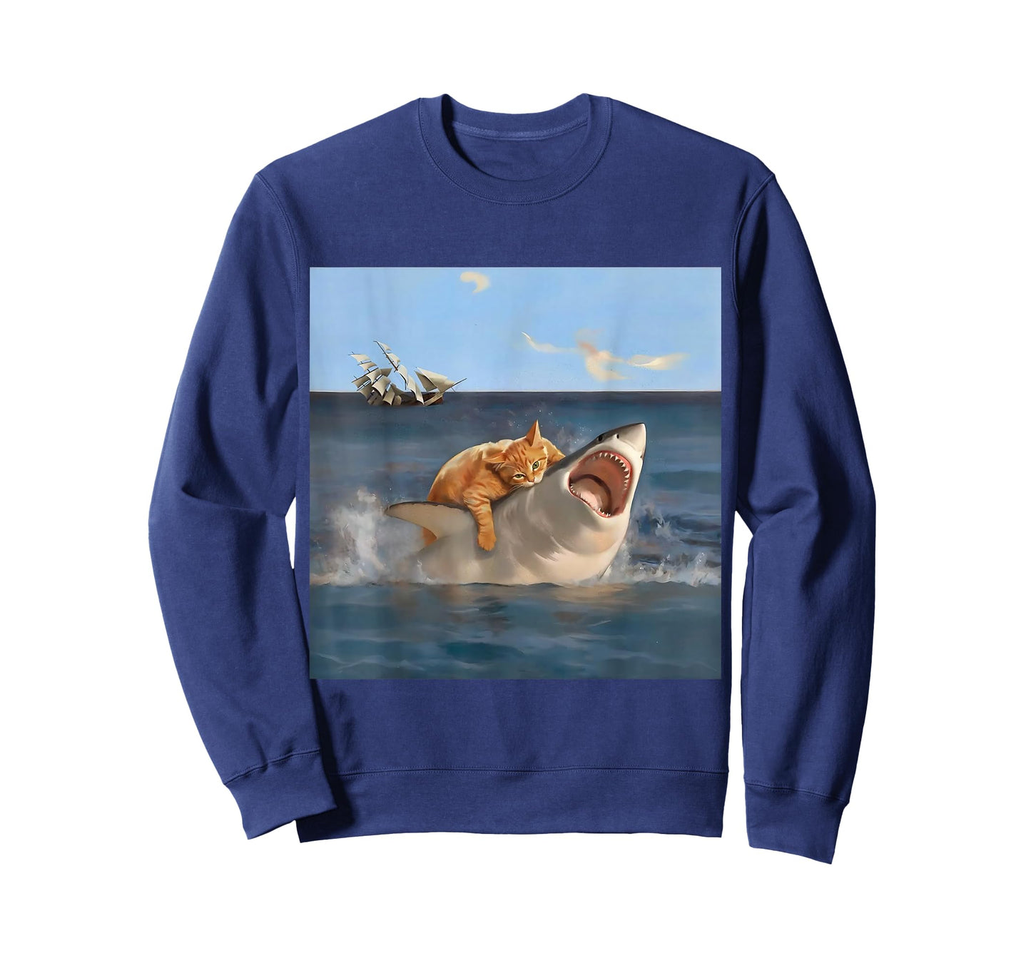 Orange Cat Biting Shark Humorous Funny Art Meme Cat Lover T-Shirt