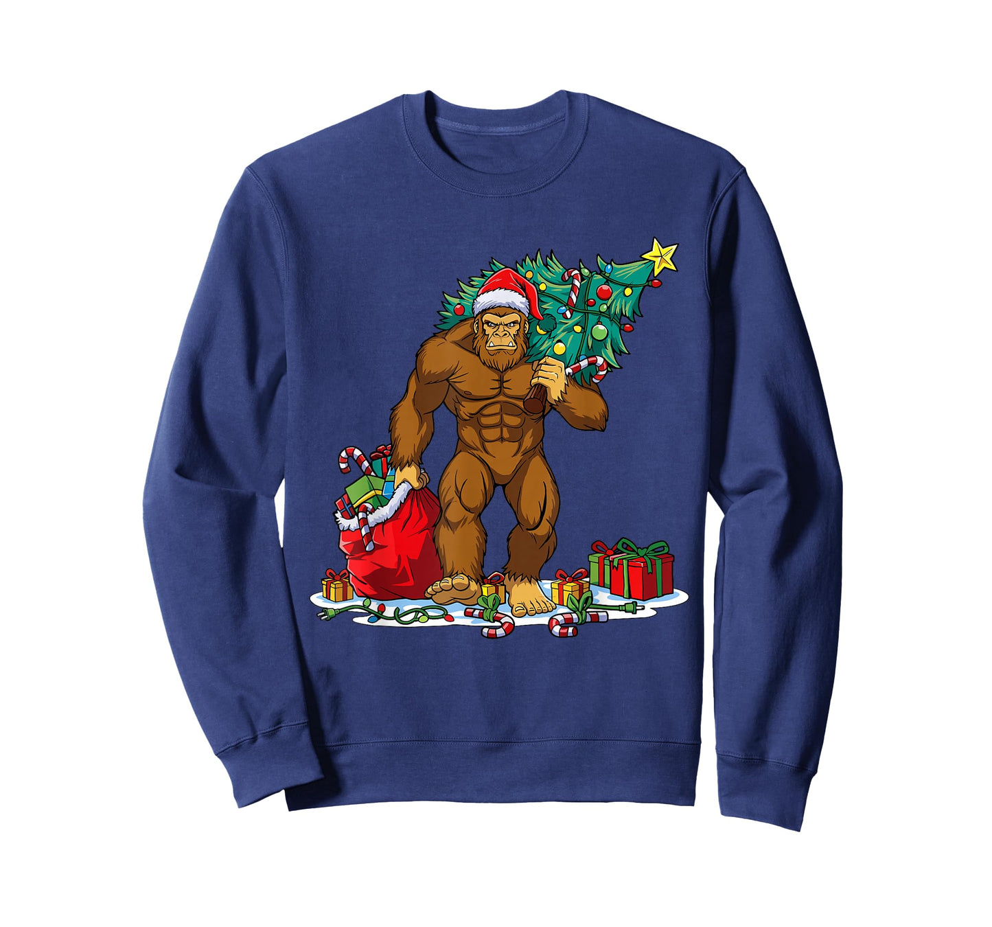 Santa Bigfoot Christmas Tree Xmas Lights Funny Sasquatch T-Shirt