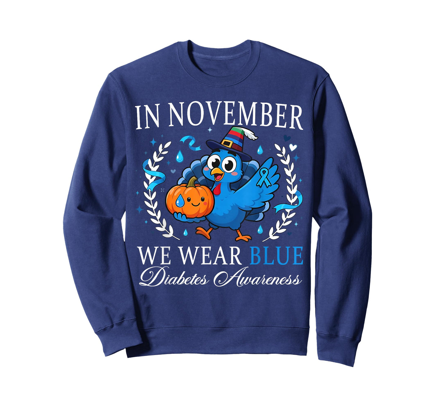 in November We Wear Blue Diabetes Awareness Pumpkin Turkey T-Shirt