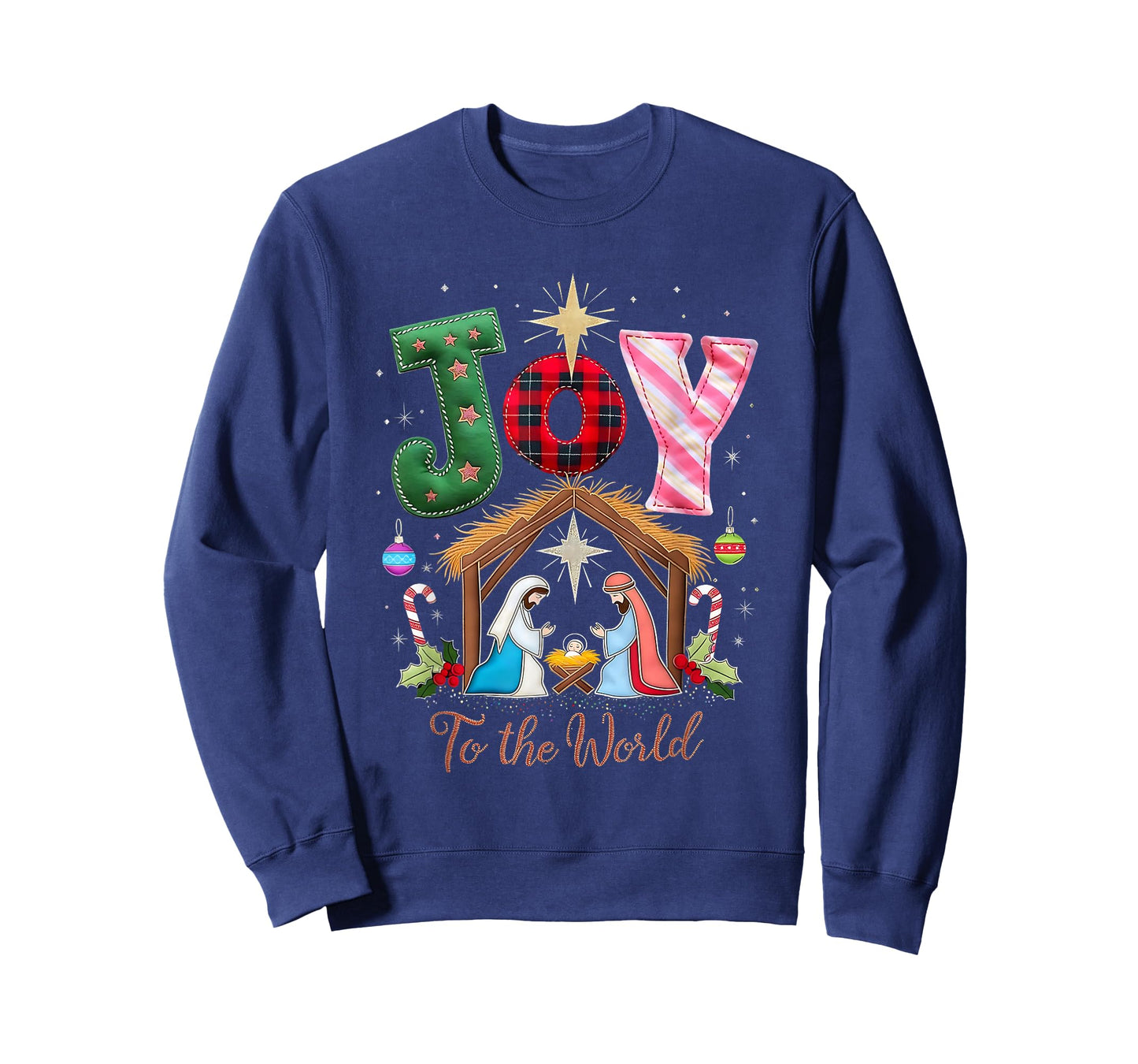 Joy to The World Patchwork Nativity Christmas T-Shirt