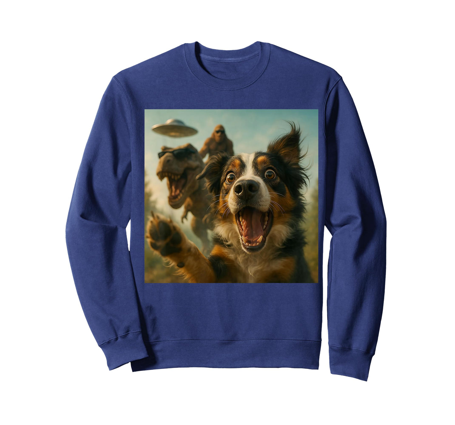 Shocked Australian Shepherd Dog T-Rex Bigfoot UFO Selfie T-Shirt